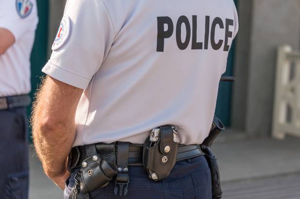 French police close up, security and emergency state concept